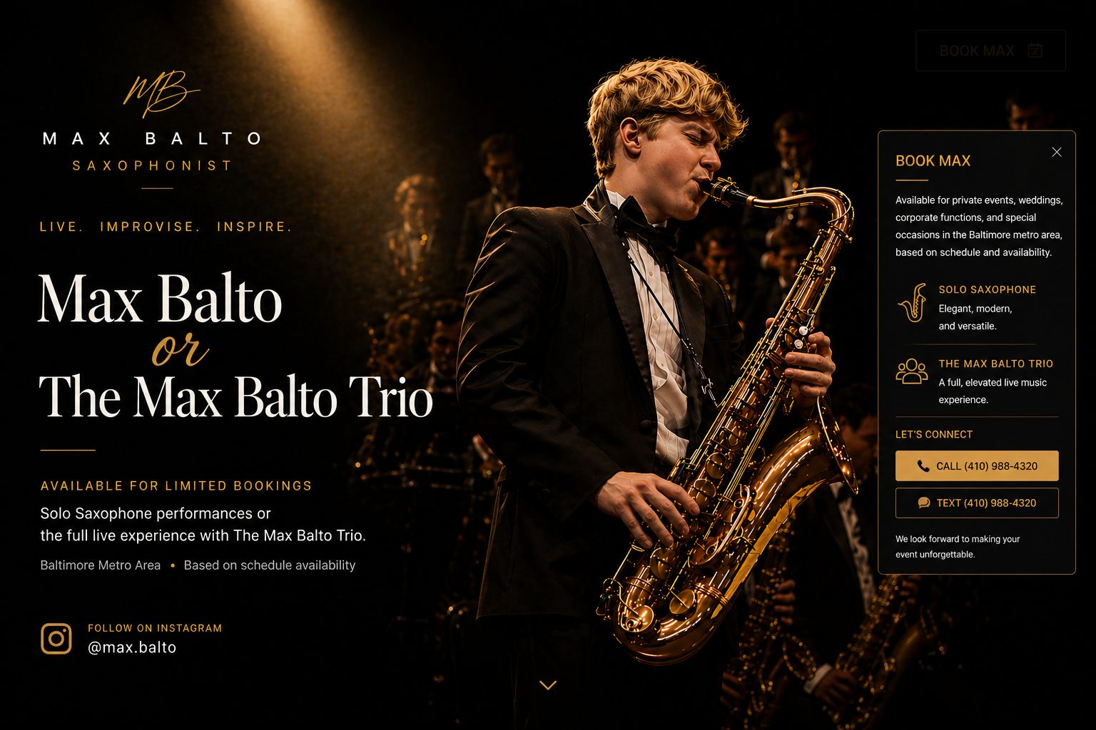 Max Balto saxophonist landing page